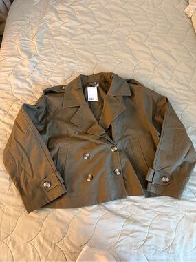 H&M Olive Double-Breasted Cropped Pea Coat